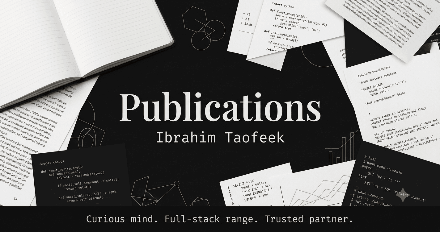 Abstract composition of an open notebook, code snippets, and geometric shapes on a dark background representing the intersection of writing and technology